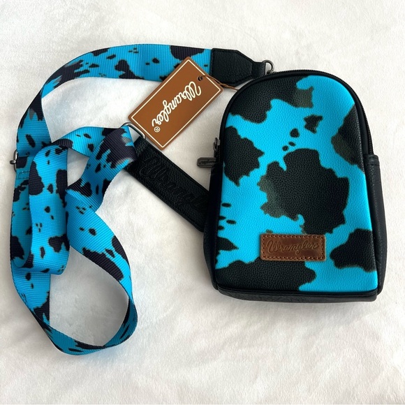 Wrangler Turquoise Cow Print Sling Bag - Picture 3 of 11